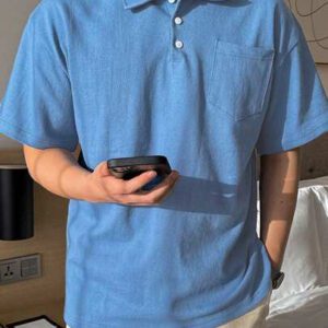 DAZY Chemise polo d'été homme à boutons devant avec poche unie bleue
