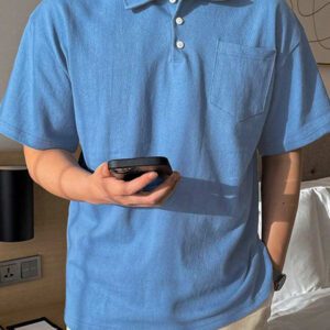 DAZY Chemise polo d'été homme à boutons devant avec poche unie bleue