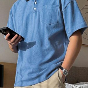 DAZY Chemise polo d'été homme à boutons devant avec poche unie bleue