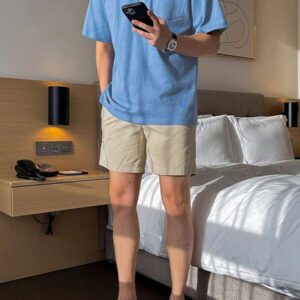 DAZY Chemise polo d'été homme à boutons devant avec poche unie bleue