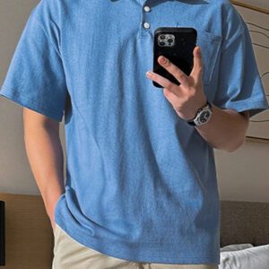 DAZY Chemise polo d'été homme à boutons devant avec poche unie bleue