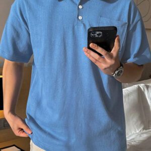 DAZY Chemise polo d'été homme à boutons devant avec poche unie bleue