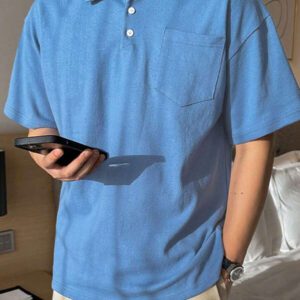 DAZY Chemise polo d'été homme à boutons devant avec poche unie bleue