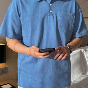 DAZY Chemise polo d'été homme à boutons devant avec poche unie bleue