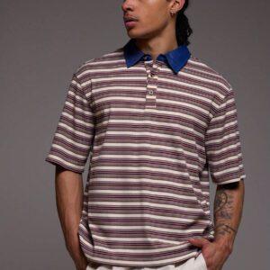 Musero Chemise polo oversize à col contrasté rayé pour le printemps et l'été