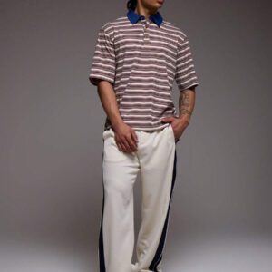 Musero Chemise polo oversize à col contrasté rayé pour le printemps et l'été