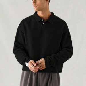 SWAVVY Polo à manches longues en tricot casual pour hommes, col demi-boutonné ample, mode porte quotidienne