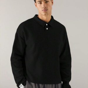 SWAVVY Polo à manches longues en tricot casual pour hommes, col demi-boutonné ample, mode porte quotidienne