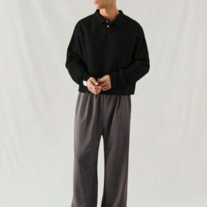 SWAVVY Polo à manches longues en tricot casual pour hommes, col demi-boutonné ample, mode porte quotidienne