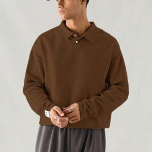 SWAVVY Polo à manches longues en tricot casual pour hommes, col demi-boutonné ample, mode porte quotidienne