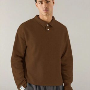 SWAVVY Polo à manches longues en tricot casual pour hommes, col demi-boutonné ample, mode porte quotidienne