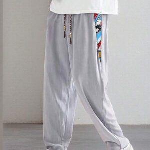 Manfinity Hypemode Pantalon décontracté pour hommes avec détail d'impression géométrique et couleur contrastée, taille à cordon, pantalon ample