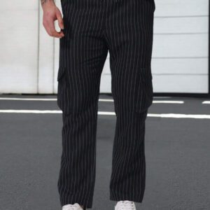 Manfinity Homme Pantalon casual droit pour homme à poches avec patch rayé. Pantalon de créateur pour homme