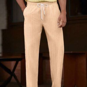 Manfinity Homme Pantalon long décontracté à taille à cordon de serrage pour homme en imitation soie de glace avec rayures
