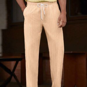 Manfinity Homme Pantalon long décontracté à taille à cordon de serrage pour homme en imitation soie de glace avec rayures