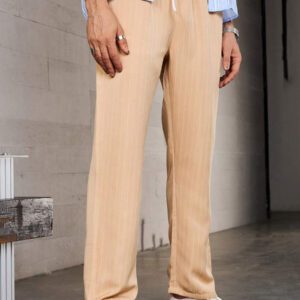 Manfinity Homme Pantalon long décontracté à taille à cordon de serrage pour homme en imitation soie de glace avec rayures