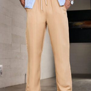 Manfinity Homme Pantalon long décontracté à taille à cordon de serrage pour homme en imitation soie de glace avec rayures