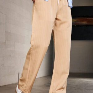 Manfinity Homme Pantalon long décontracté à taille à cordon de serrage pour homme en imitation soie de glace avec rayures