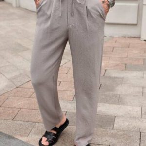 Manfinity CasualCool Pantalon décontracté à cordon de serrage de couleur unie simple avec texture, pour l'été et l'automne