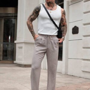 Manfinity CasualCool Pantalon décontracté à cordon de serrage de couleur unie simple avec texture, pour l'été et l'automne