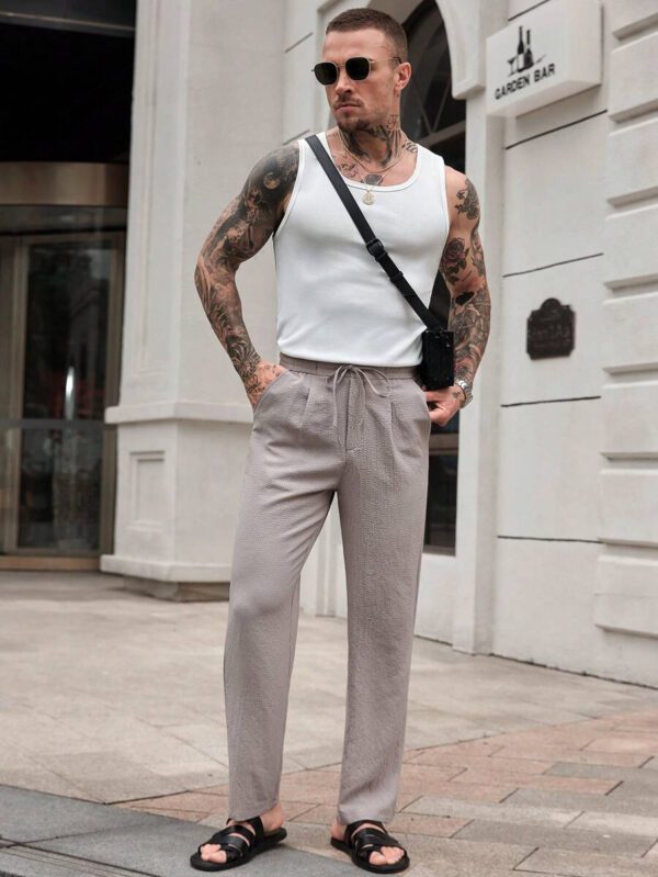 Manfinity CasualCool Pantalon décontracté à cordon de serrage de couleur unie simple avec texture, pour l'été et l'automne – Image 4