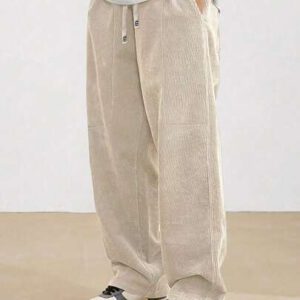 Manfinity Hypemode Pantalon ample en velours côtelé avec poches pour hommes, pantalon casual à cordon de serrage à la taille et jambes larges