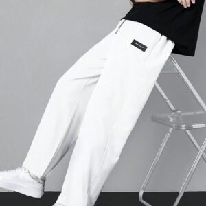 Homme Pantalon Droit À Applique Lettre À Cordon