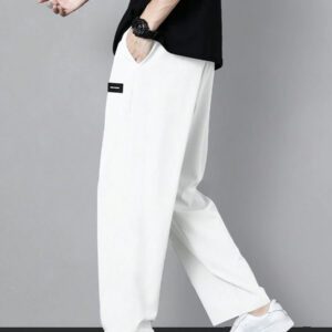 Homme Pantalon Droit À Applique Lettre À Cordon