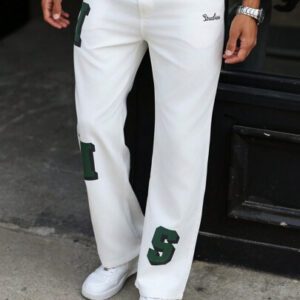Manfinity Hypemode Pantalon ample droit décontracté avec poche imprimée de lettres pour hommes, pantalon ample de vacances longues, idéal pour cadeau pour mari ou petit ami