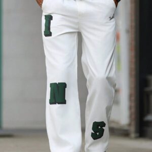 Manfinity Hypemode Pantalon ample droit décontracté avec poche imprimée de lettres pour hommes, pantalon ample de vacances longues, idéal pour cadeau pour mari ou petit ami