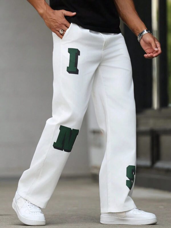 Manfinity Hypemode Pantalon ample droit décontracté avec poche imprimée de lettres pour hommes, pantalon ample de vacances longues, idéal pour cadeau pour mari ou petit ami – Image 5