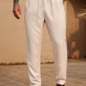 Manfinity RSRT Pantalon décontracté pour hommes, couleur unie, cordon de serrage à la taille, poches inclinées. Pantalon blanc pour hommes. Pantalon décontracté pour hommes