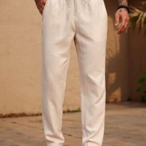 Manfinity RSRT Pantalon décontracté pour hommes, couleur unie, cordon de serrage à la taille, poches inclinées. Pantalon blanc pour hommes. Pantalon décontracté pour hommes
