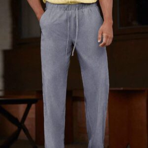 Manfinity Homme Pantalon long décontracté en lin avec cordon de serrage pour homme avec poches pour vacances d'été