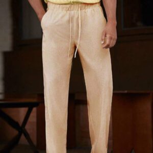Manfinity Homme Pantalon long décontracté en lin avec cordon de serrage pour homme avec poches pour vacances d'été