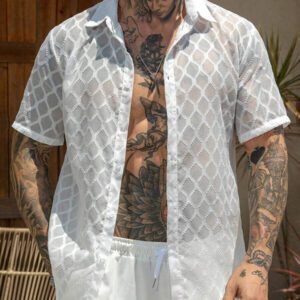 Manfinity RSRT Chemise décontractée texturée à simple boutonnage et manches courtes pour homme, été