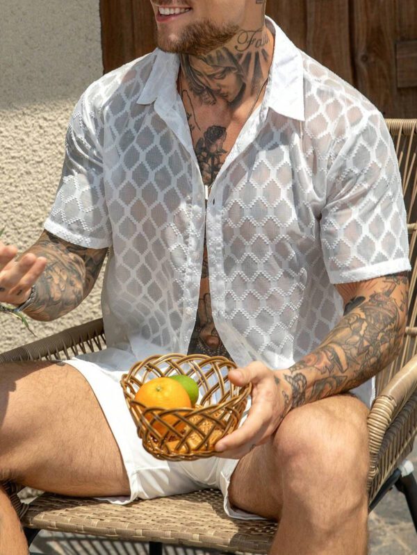 Manfinity RSRT Chemise décontractée texturée à simple boutonnage et manches courtes pour homme, été – Image 8