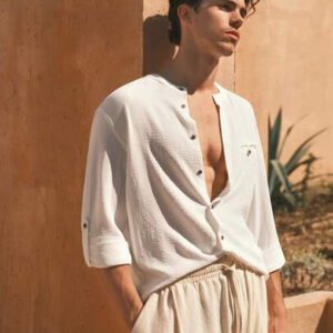 Manfinity VCAY Chemise décontractée à manches longues et col rond tissée pour homme, convient pour l'été