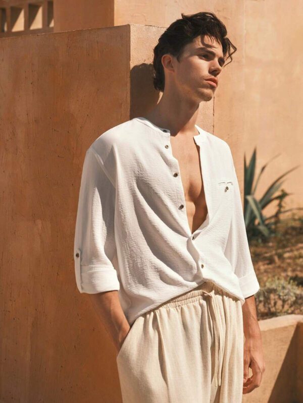 Manfinity VCAY Chemise décontractée à manches longues et col rond tissée pour homme, convient pour l'été – Image 2