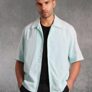 SUMWON Chemise à manches courtes premium à boutons, coupe ample, motif rayé menthe, streetwear, décontracté, bureau, respirante, légère
