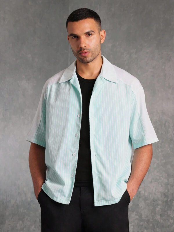 SUMWON Chemise à manches courtes premium à boutons, coupe ample, motif rayé menthe, streetwear, décontracté, bureau, respirante, légère – Image 2