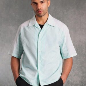 SUMWON Chemise à manches courtes premium à boutons, coupe ample, motif rayé menthe, streetwear, décontracté, bureau, respirante, légère