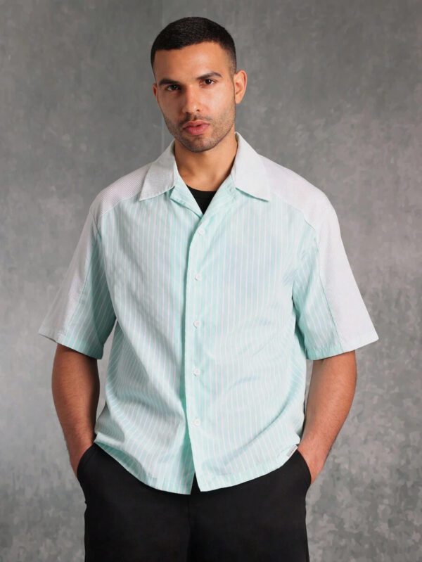 SUMWON Chemise à manches courtes premium à boutons, coupe ample, motif rayé menthe, streetwear, décontracté, bureau, respirante, légère – Image 3