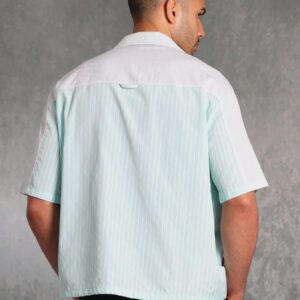 SUMWON Chemise à manches courtes premium à boutons, coupe ample, motif rayé menthe, streetwear, décontracté, bureau, respirante, légère