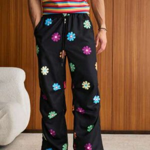 SWAVVY 1 pièce Pantalon noir imprimé graphique style vintage élevé de la rue avec une coupe ample et un style humoristique pour hommes, vêtements d'automne retour à l'école