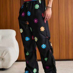 SWAVVY 1 pièce Pantalon noir imprimé graphique style vintage élevé de la rue avec une coupe ample et un style humoristique pour hommes, vêtements d'automne retour à l'école