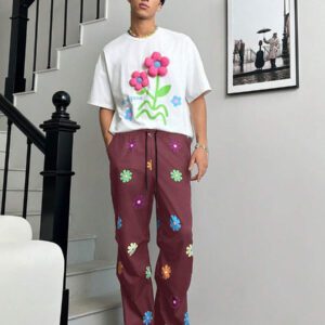 SWAVVY 1 pièce Pantalon noir imprimé graphique style vintage élevé de la rue avec une coupe ample et un style humoristique pour hommes, vêtements d'automne retour à l'école