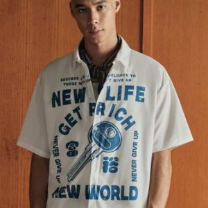 SWAVVY Chemise décontractée ample à imprimé lettres à simple boutonnage et manches courtes pour hommes
