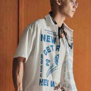 SWAVVY Chemise décontractée ample à imprimé lettres à simple boutonnage et manches courtes pour hommes
