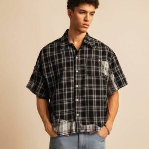 SWAVVY Chemise décontractée à manches dolman ample, en patchwork asymétrique à carreaux, taille standard pour hommes